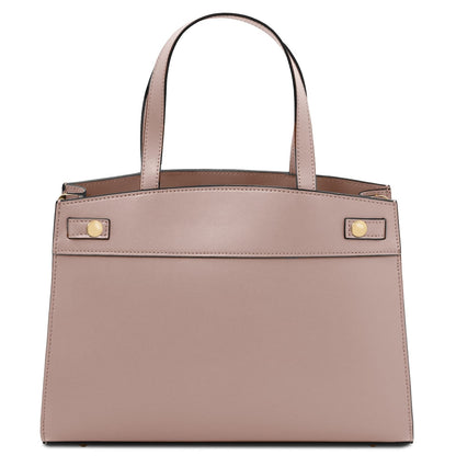 Blush pink Musa Italian leather handbag with top handles and a clean structured silhouette