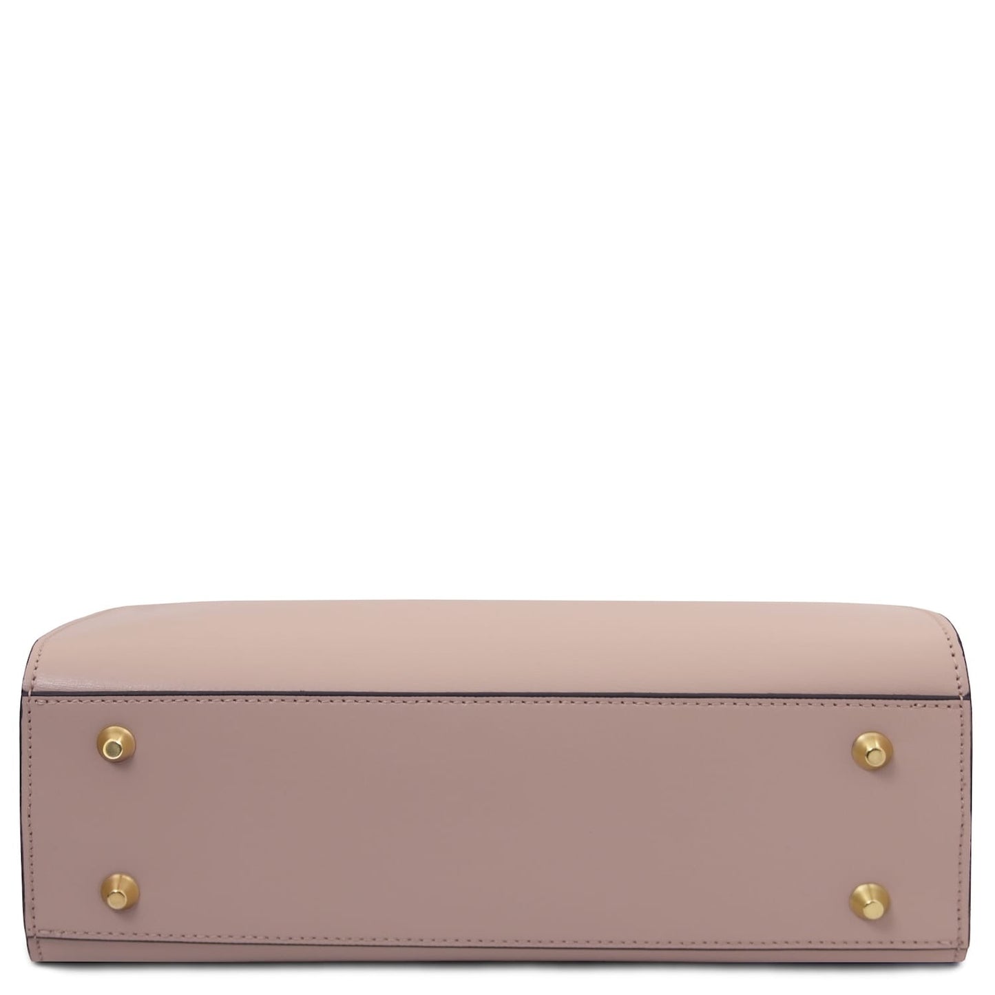Bottom view of a blush pink Musa Italian leather handbag showing gold feet.