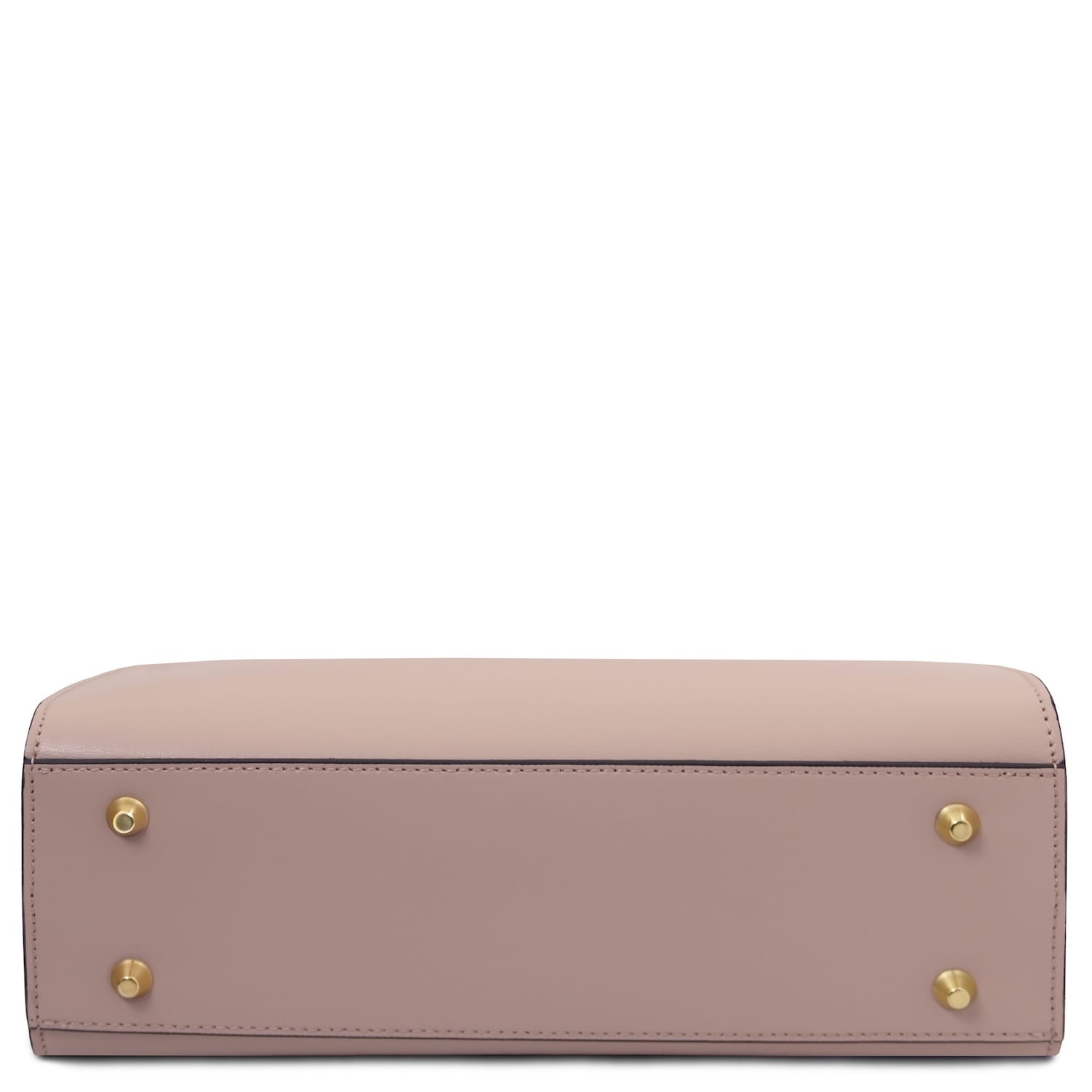Bottom view of a blush pink Musa Italian leather handbag showing gold feet.