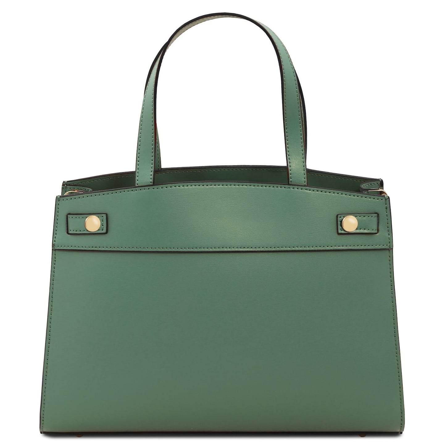 Musa Italian leather handbag in sage green shown from the front with two top handles and gold hardware
