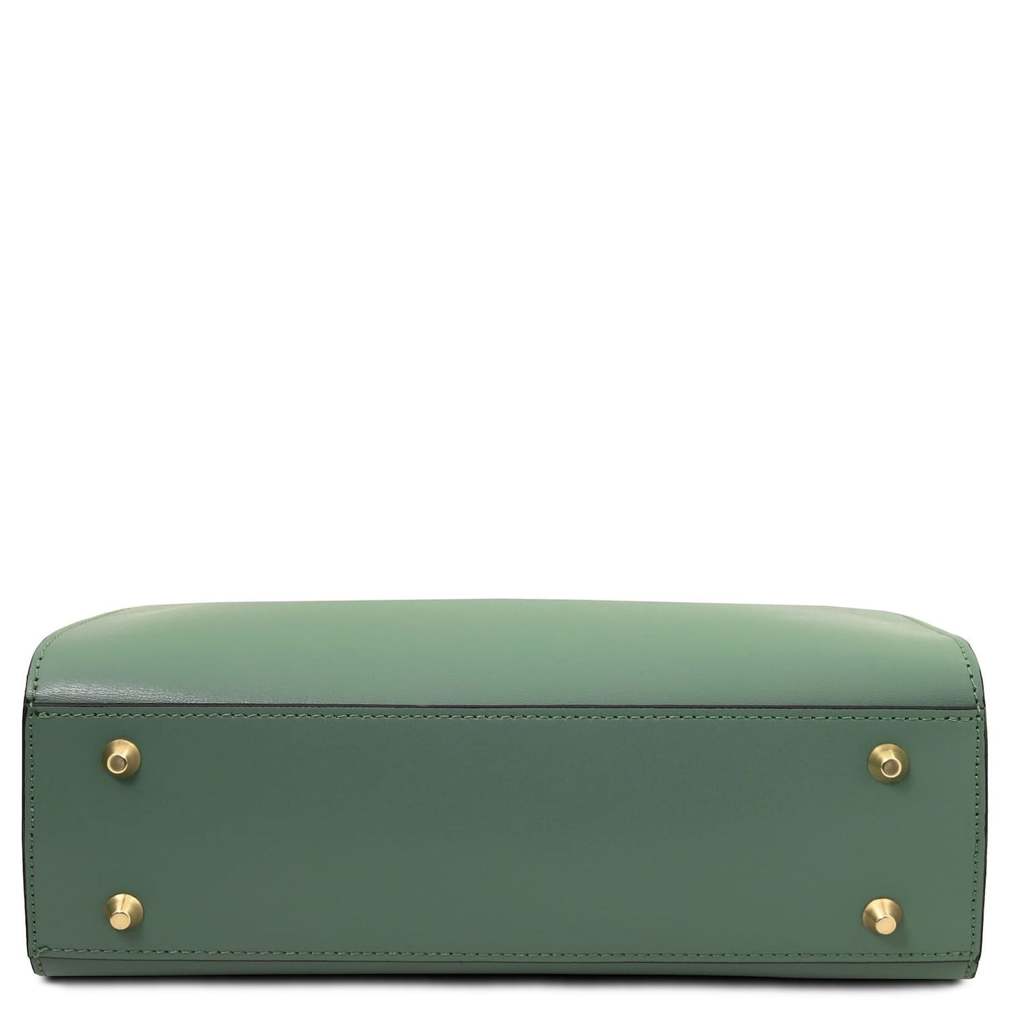 Bottom view of Musa Italian leather handbag in sage green with four gold-tone feet