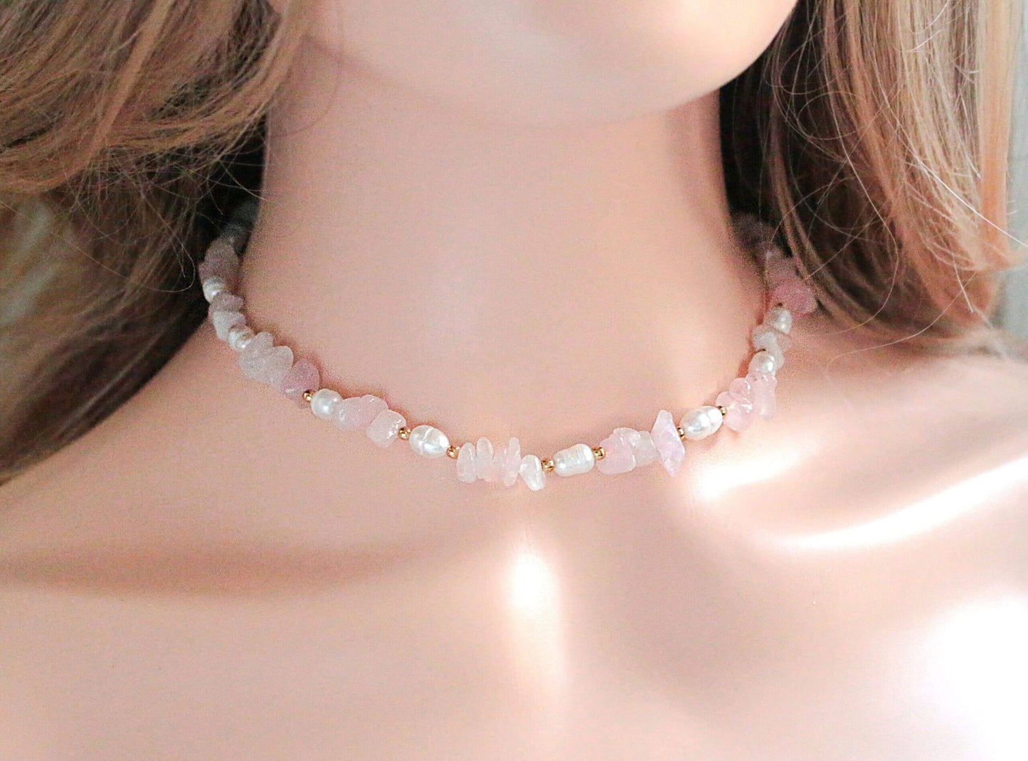 Natural Rose Quartz Crystal & Freshwater Pearl Choker - Premium Necklaces - Shop now at San Rocco Italia