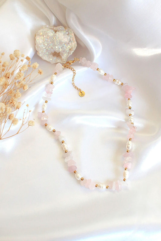 Necklaces Natural Rose Quartz Crystal & Freshwater Pearl Choker San Rocco Italia