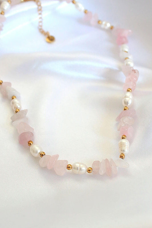 Necklaces Natural Rose Quartz Crystal & Freshwater Pearl Choker San Rocco Italia