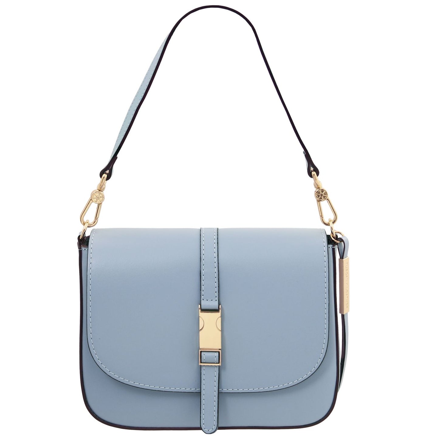 Light blue handbag with a gold clasp on a white background