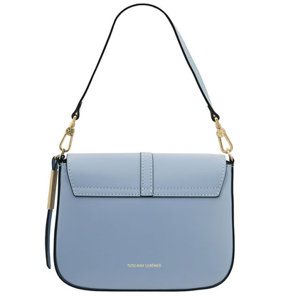 Nausica light blue Italian leather shoulder bag with flap front and gold hardware
