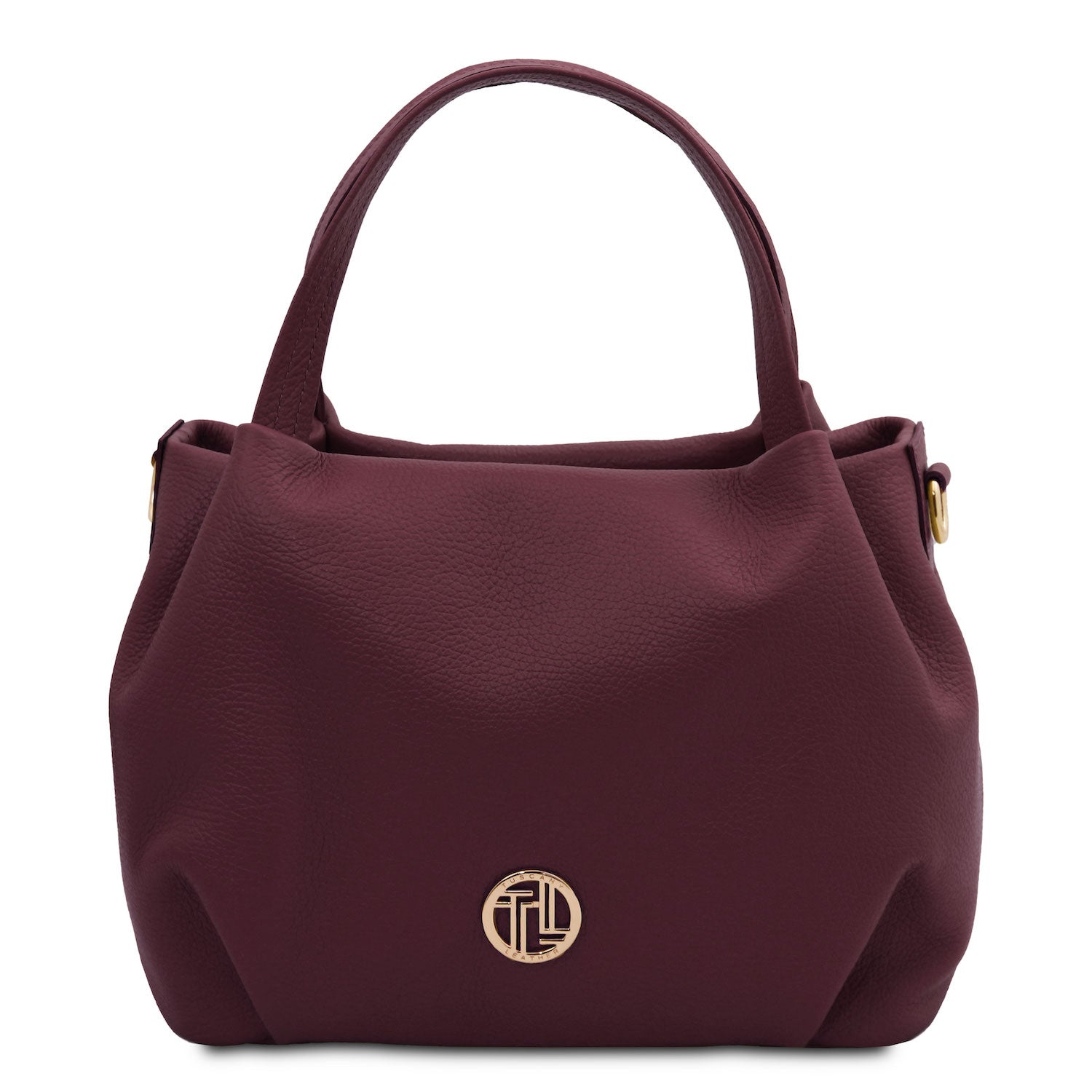 Nora - Soft leather handbag | TL142372 in burgundy pebbled leather with dual top handles and gold-tone round emblem on white background