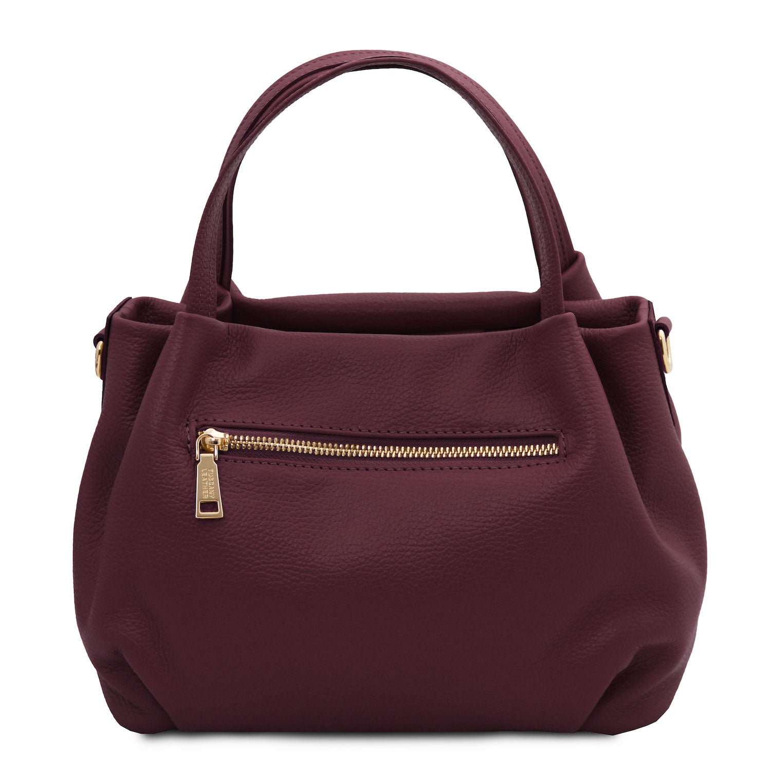 Nora - Soft leather handbag | TL142372 in burgundy pebbled leather with gold zipper pocket and dual top handles on white background.