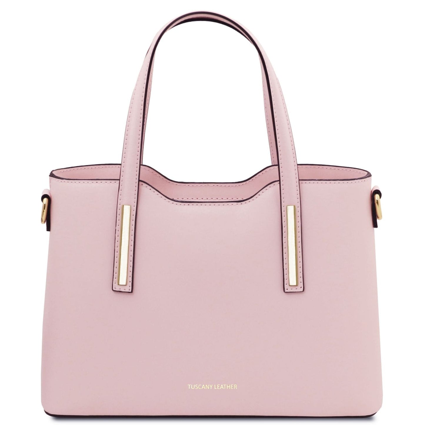 Pink handbag with gold accents on a white background
