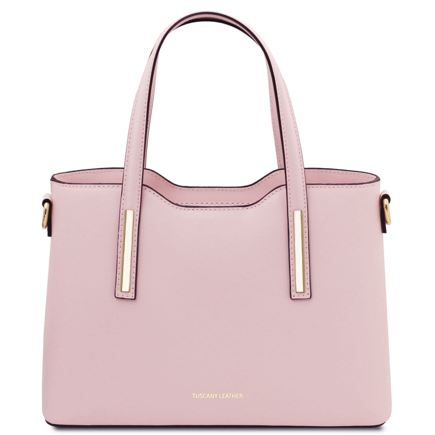 Pink handbag with gold accents on a white background