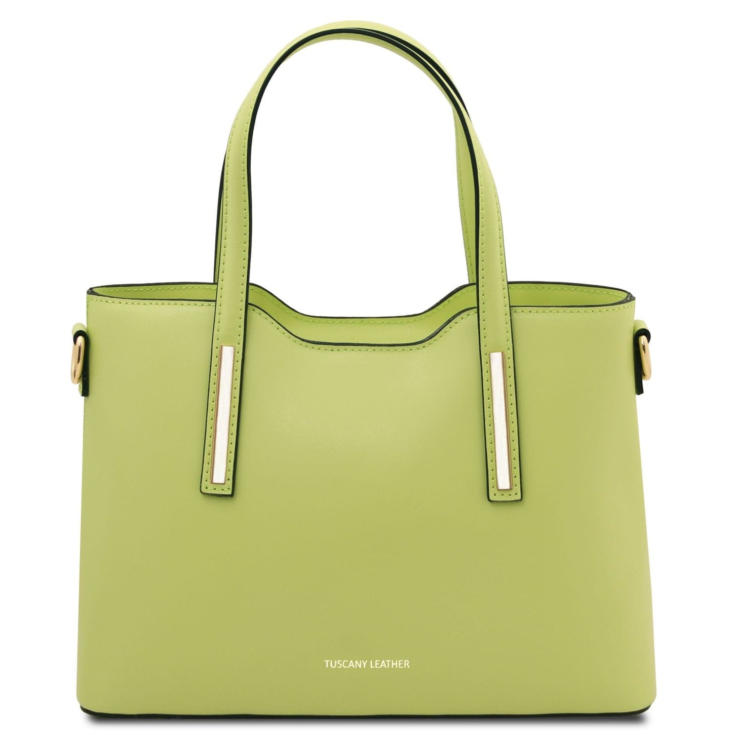 Olimpia lime green Italian leather tote with twin handles and gold-tone rectangular bar accents