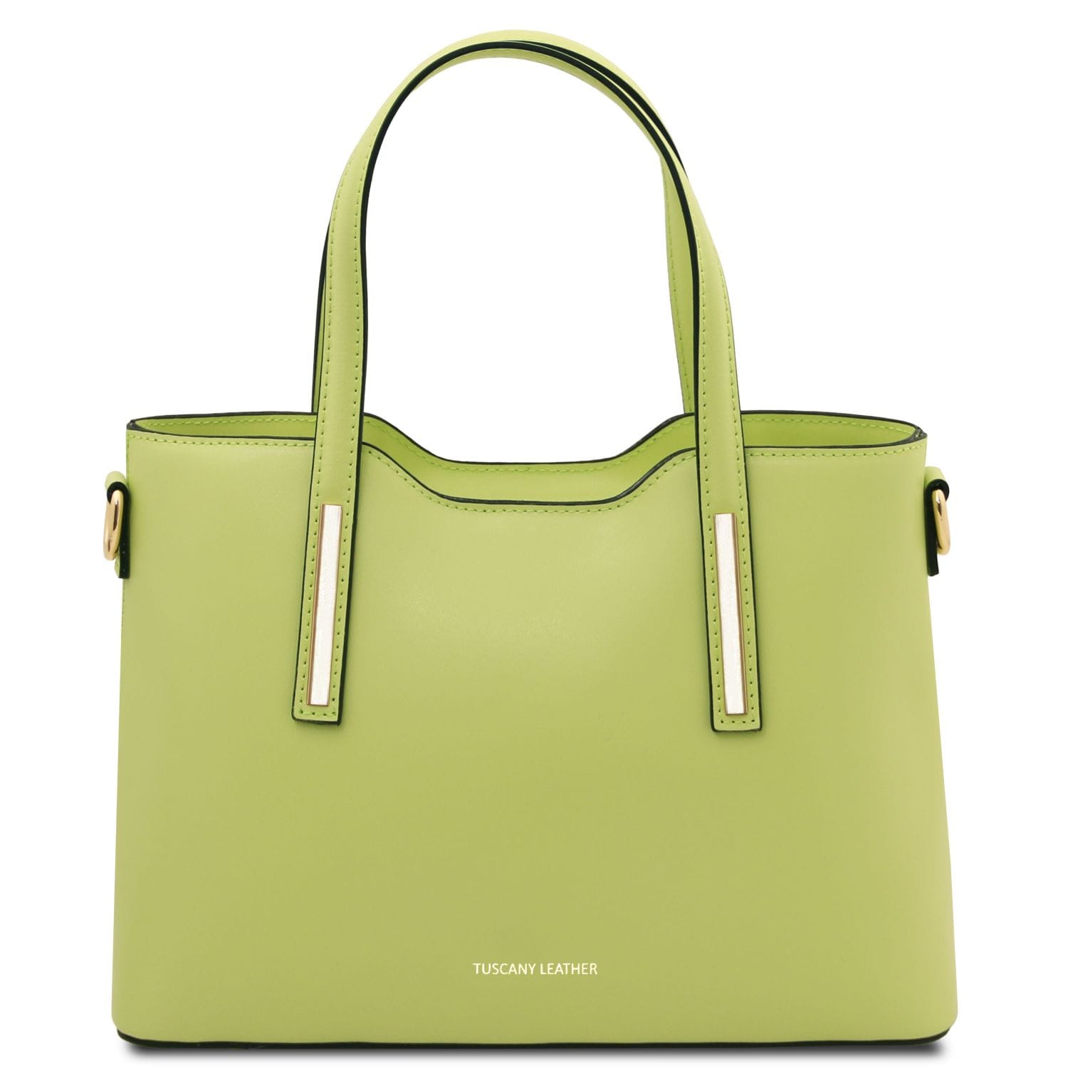 Olimpia lime green Italian leather tote with twin handles and gold-tone rectangular bar accents