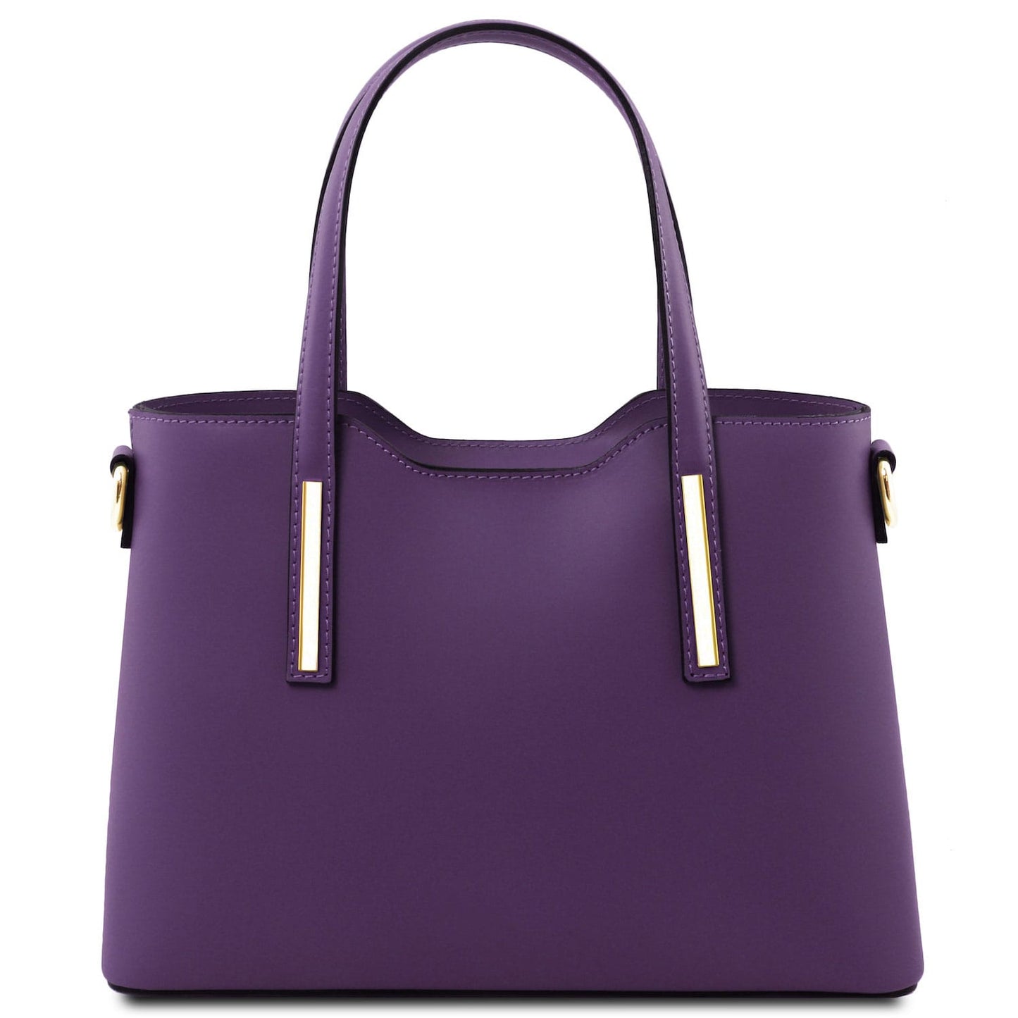 Olimpia - Italian leather tote - Small size | TL141521 in smooth purple leather with double top handles and gold hardware on white background