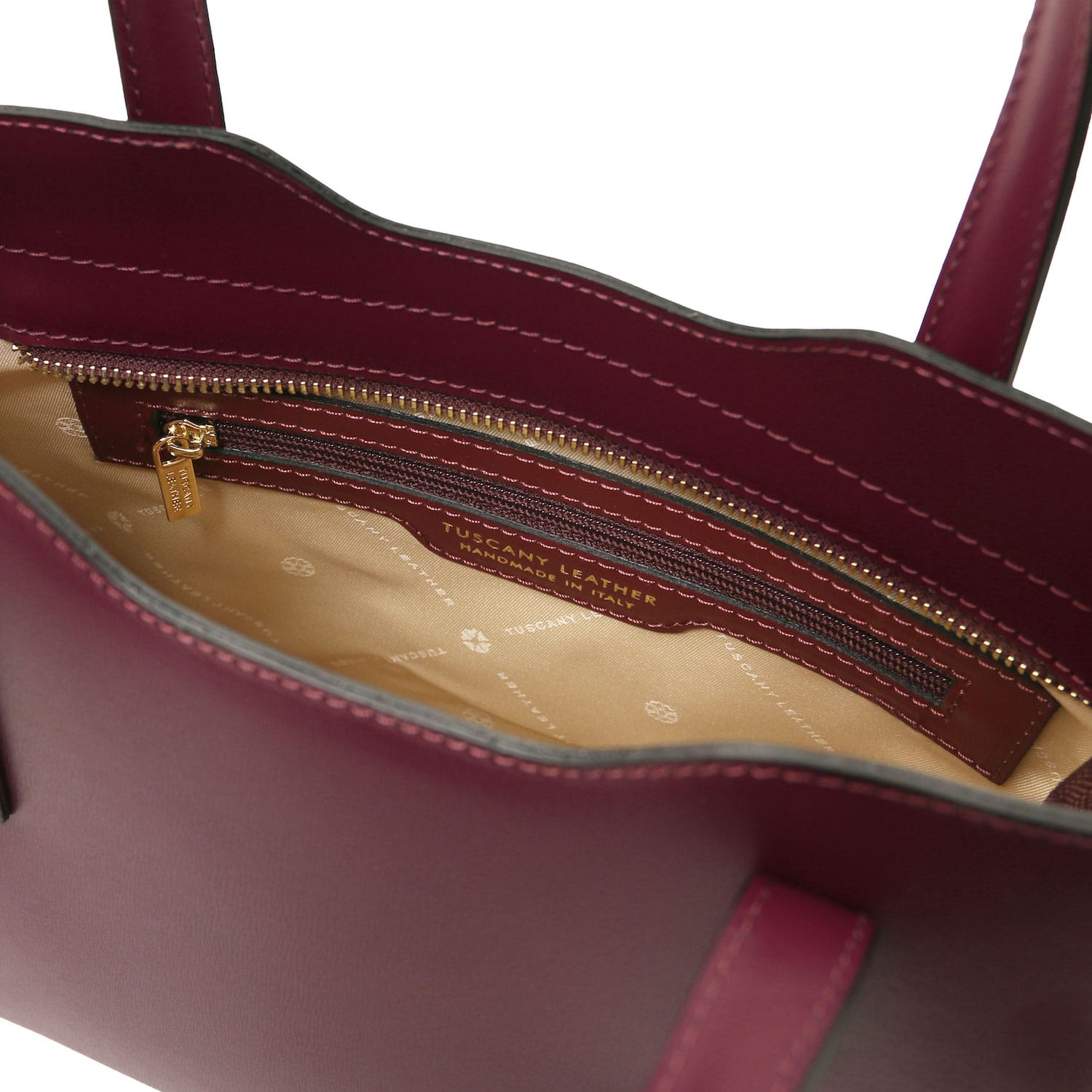 Olimpia - Italian leather tote - Small size | TL141521 in burgundy smooth leather with top zipper pocket and dual handles on white background