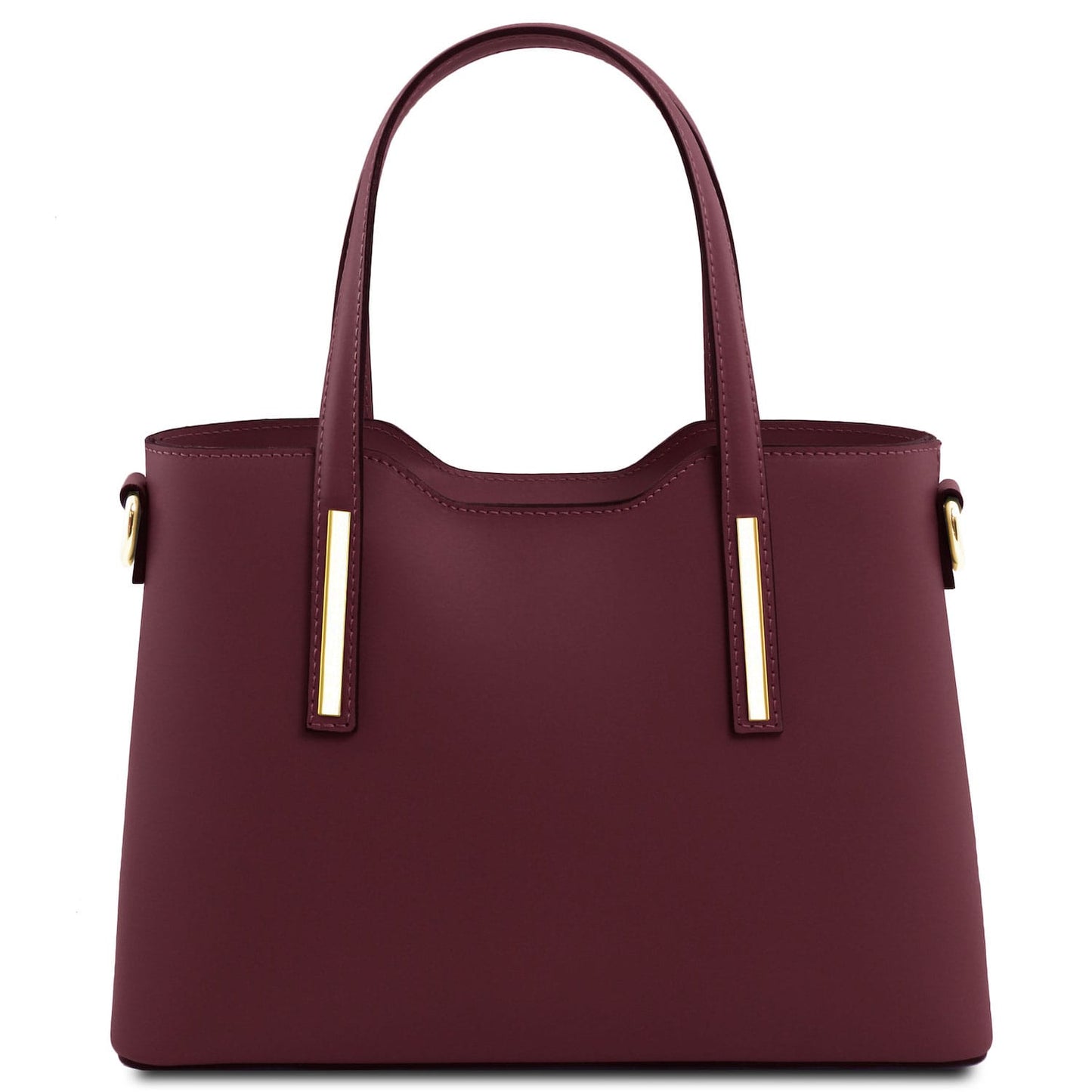 Olimpia - Italian leather tote - Small size | TL141521 in burgundy smooth leather with dual top handles and gold-tone hardware on white background