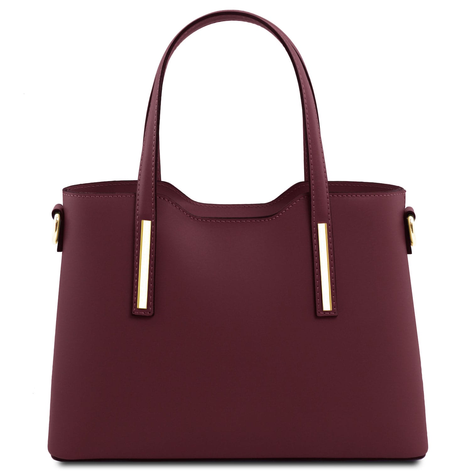 Olimpia - Italian leather tote - Small size | TL141521 in burgundy smooth leather with dual top handles and gold-tone hardware on white background