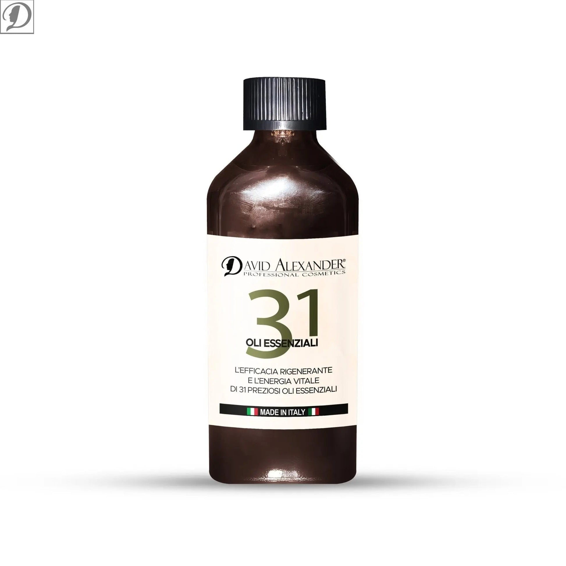 Bottiglia di Olio 31 con oli essenziali naturali etichetta bianca e tappo nero