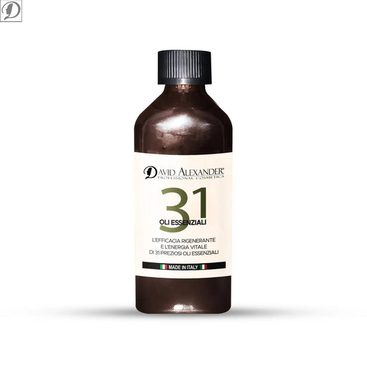 Bottiglia di Olio 31 con oli essenziali naturali etichetta bianca e tappo nero