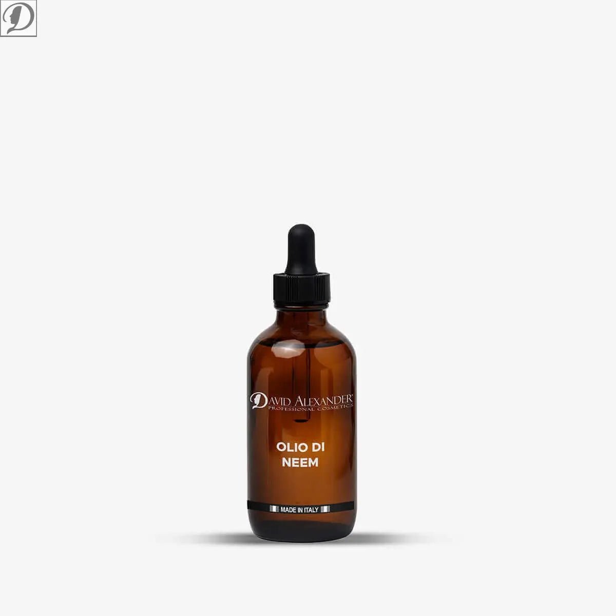 Amber dropper bottle of Neem oil with David Alexander label Olio di Neem