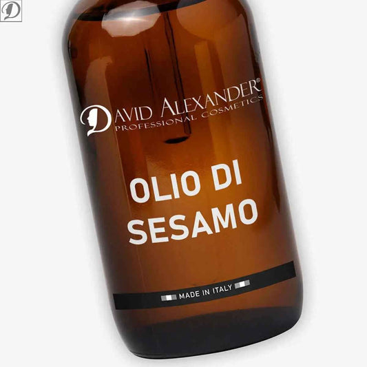 Brown glass sesame oil bottle with Olio di Sesamo label and Made in Italy badge.