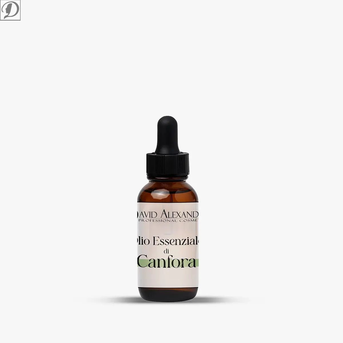 Amber glass dropper bottle labeled Olio Essenziale di Canfora 15 ml for aromatherapy.
