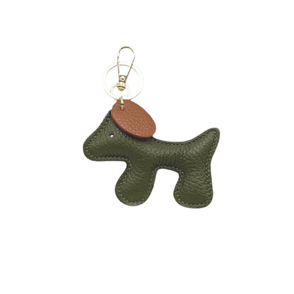 Handmade two-tone leather puppy keyring in olive green and tan - San Rocco Italia