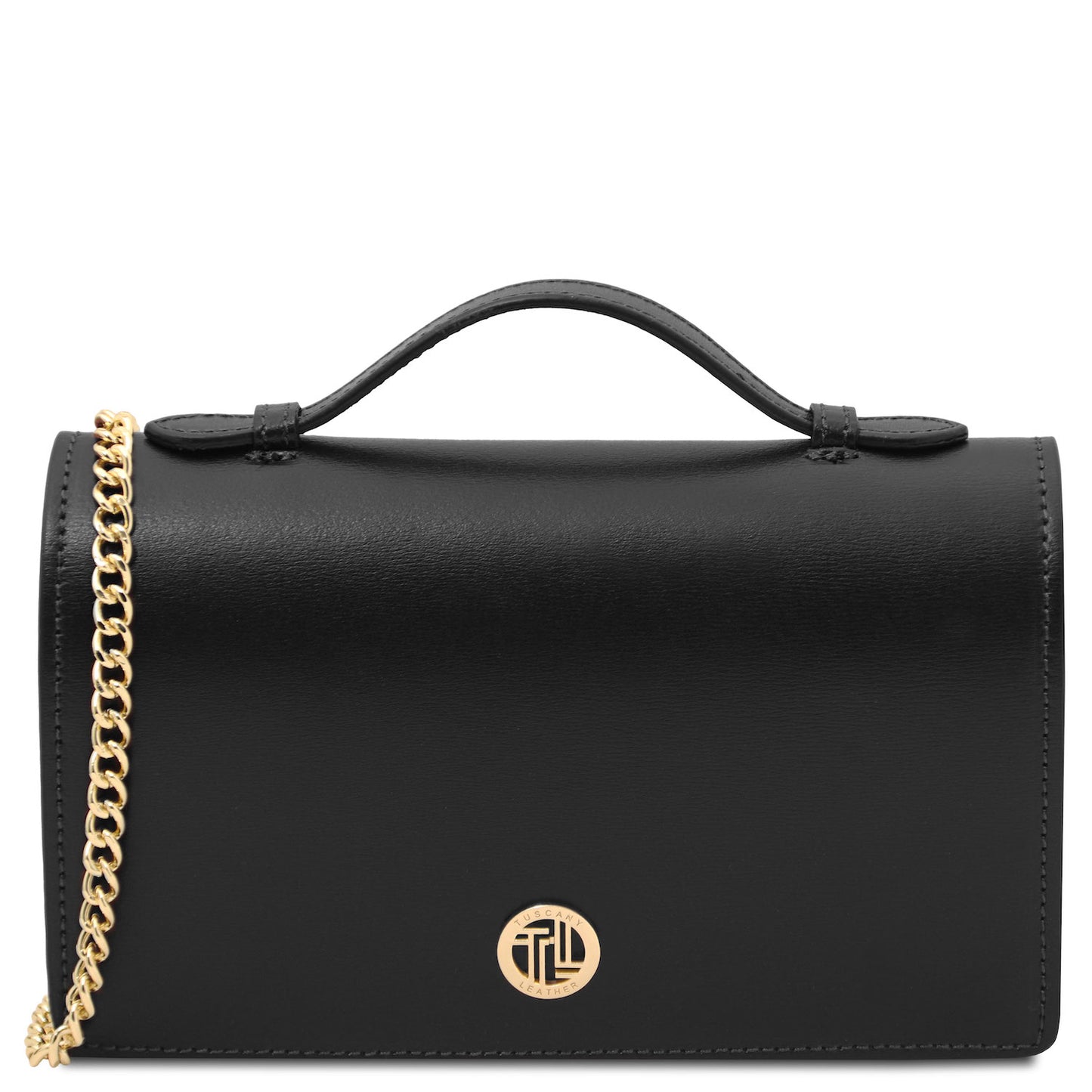Opera - Leather clutch with chain strap | TL142505 in smooth black leather with gold-tone chain and top handle on white background
