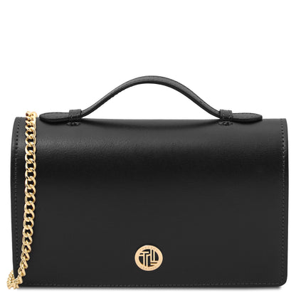Opera - Leather clutch with chain strap | TL142505 in smooth black leather with gold-tone chain and top handle on white background