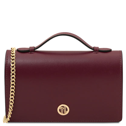 Opera - Leather clutch with chain strap | TL142505 in burgundy smooth leather with gold-tone chain strap, top handle, and logo emblem on white background