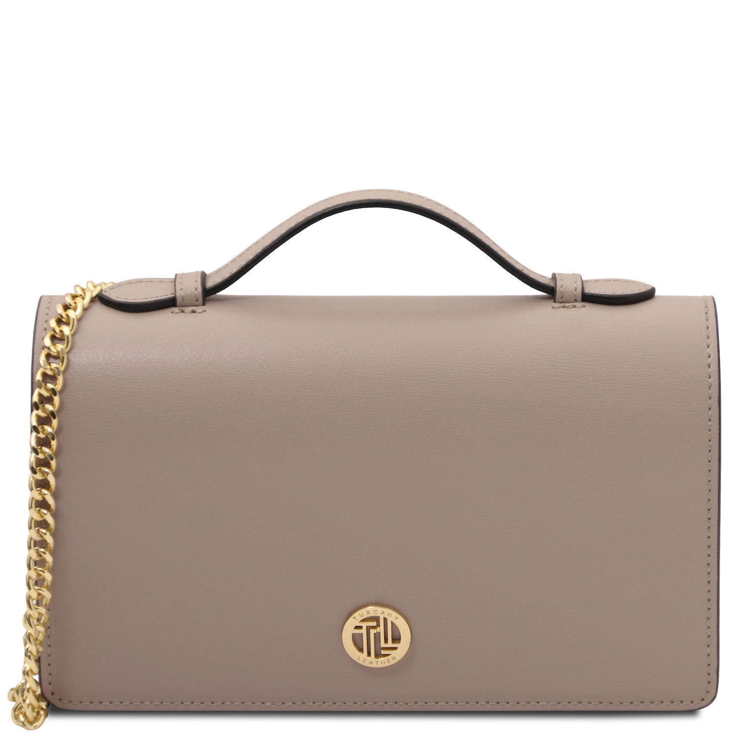 Opera - Leather clutch with chain strap | TL142505 in taupe smooth leather with gold-tone chain and round metal emblem on white background