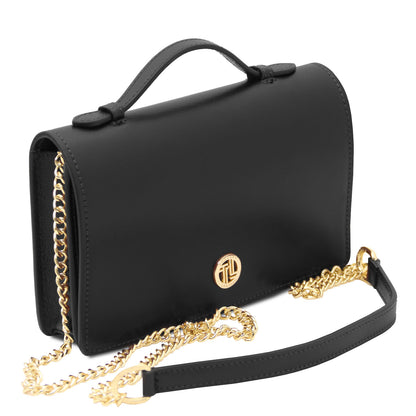 Opera - Leather clutch with chain strap | TL142505 in smooth black box leather with gold-tone chain strap and top handle on white background
