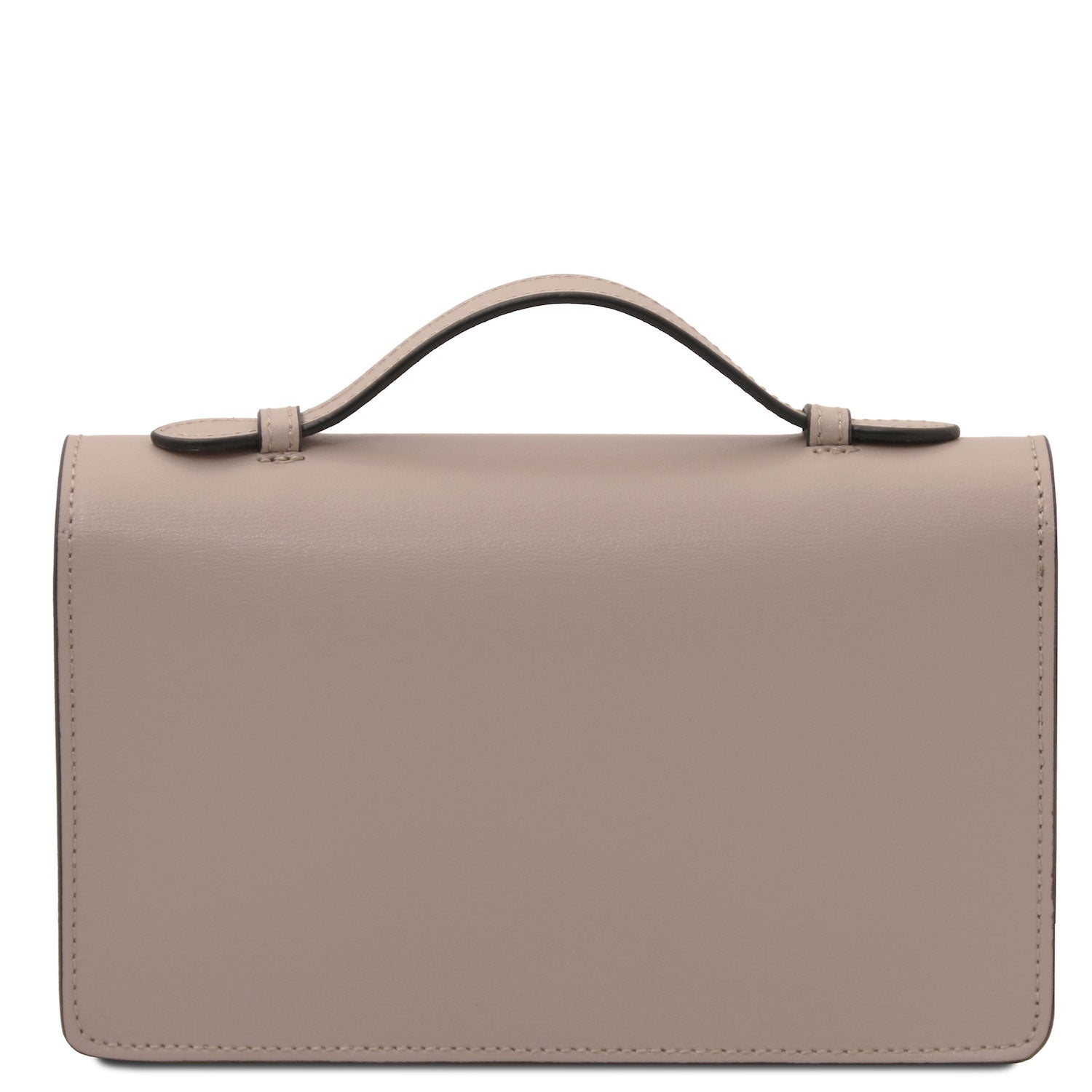 Opera - Leather clutch with chain strap | TL142505 in taupe smooth box leather with top handle on white background.