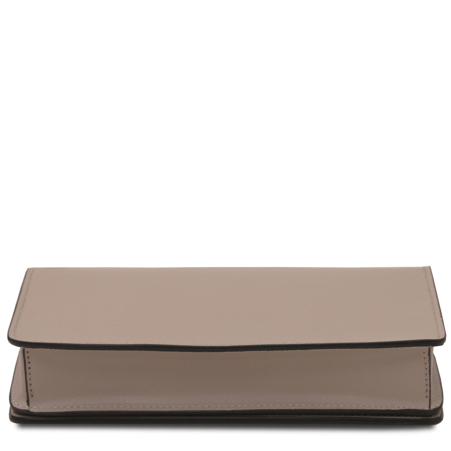 Opera - Leather clutch with chain strap | TL142505 in smooth taupe box leather with black edged trim on white background