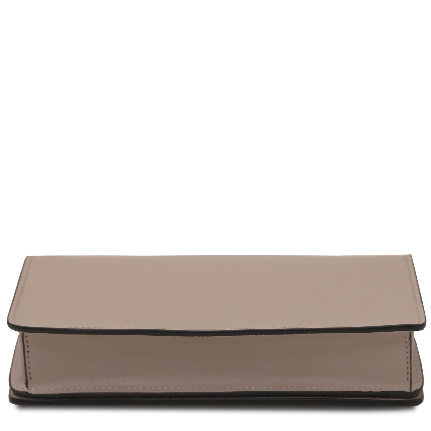 Opera - Leather clutch with chain strap | TL142505 in smooth taupe box leather with black edged trim on white background
