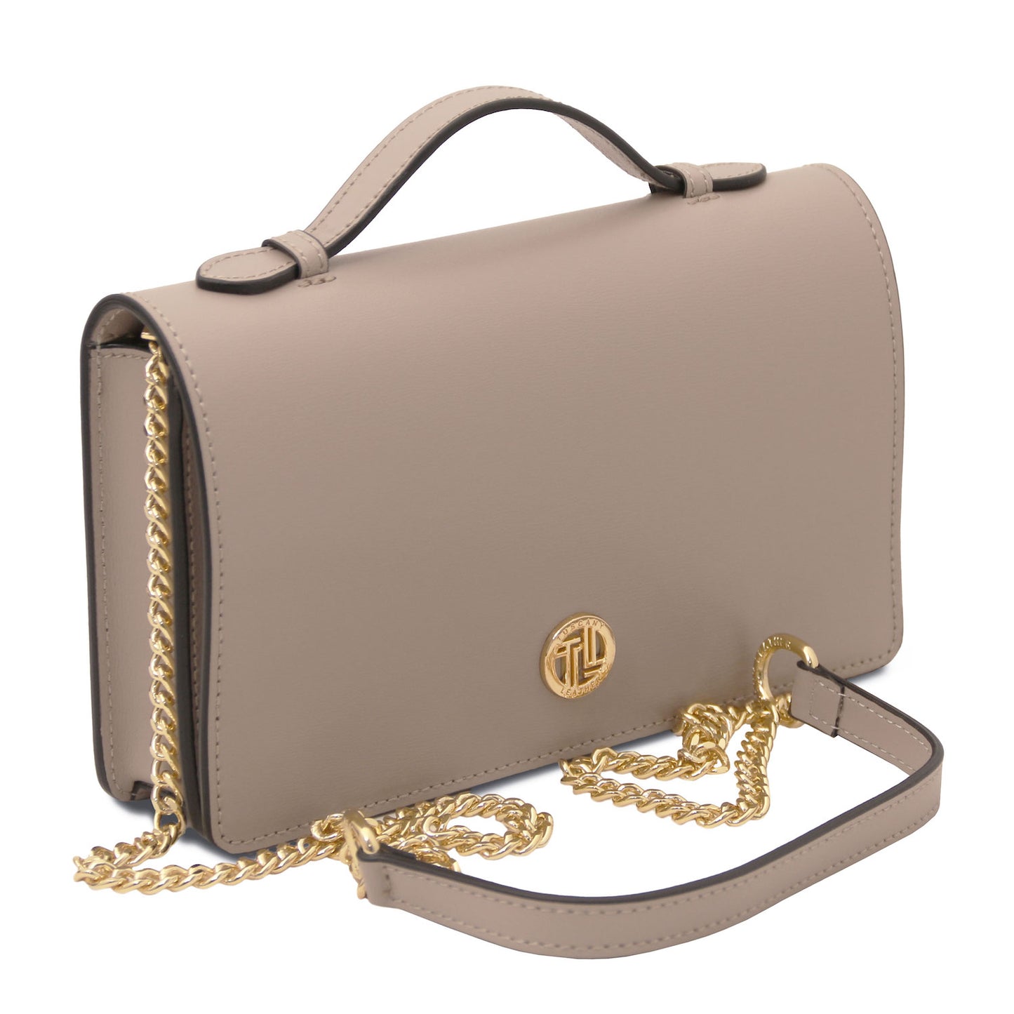 Opera - Leather clutch with chain strap | TL142505 in taupe smooth box leather with gold-tone chain and top handle on white background