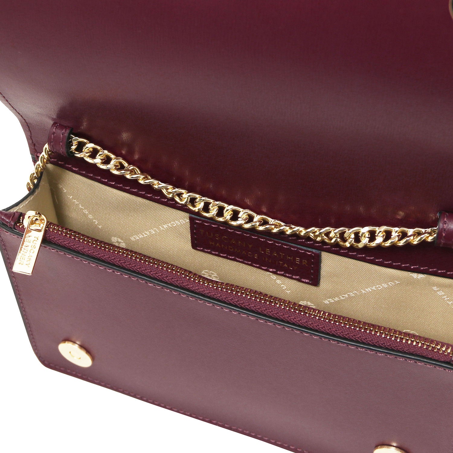 Opera - Leather clutch with chain strap | TL142505 in burgundy smooth leather with gold-tone chain and beige interior lining on white background