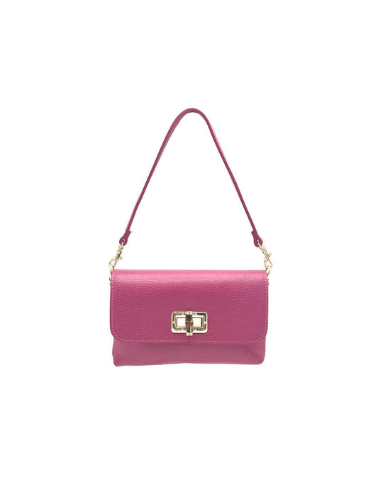 Pink handbag with a gold clasp on a white background