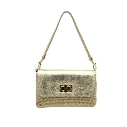 Gold clutch bag with a leather strap on a white background