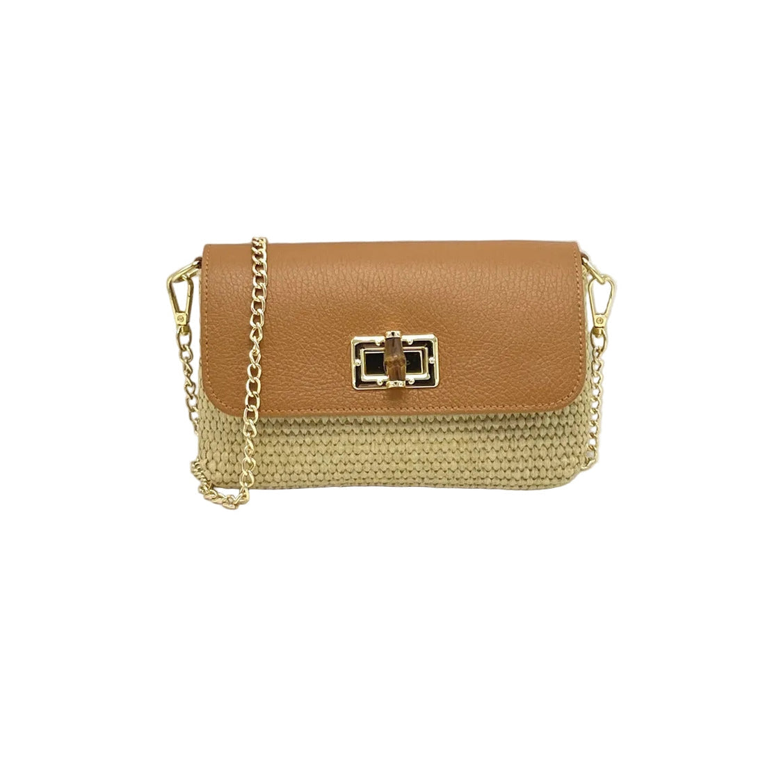Orbetello raffia and tan leather shoulder bag with a gold turn-lock and chain strap
