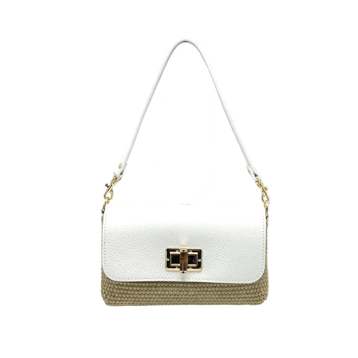 Orbetello raffia and leather shoulder bag in white leather top with natural raffia bottom and gold hardware