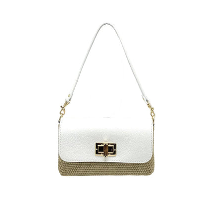 Orbetello raffia and leather shoulder bag in white leather top with natural raffia bottom and gold hardware