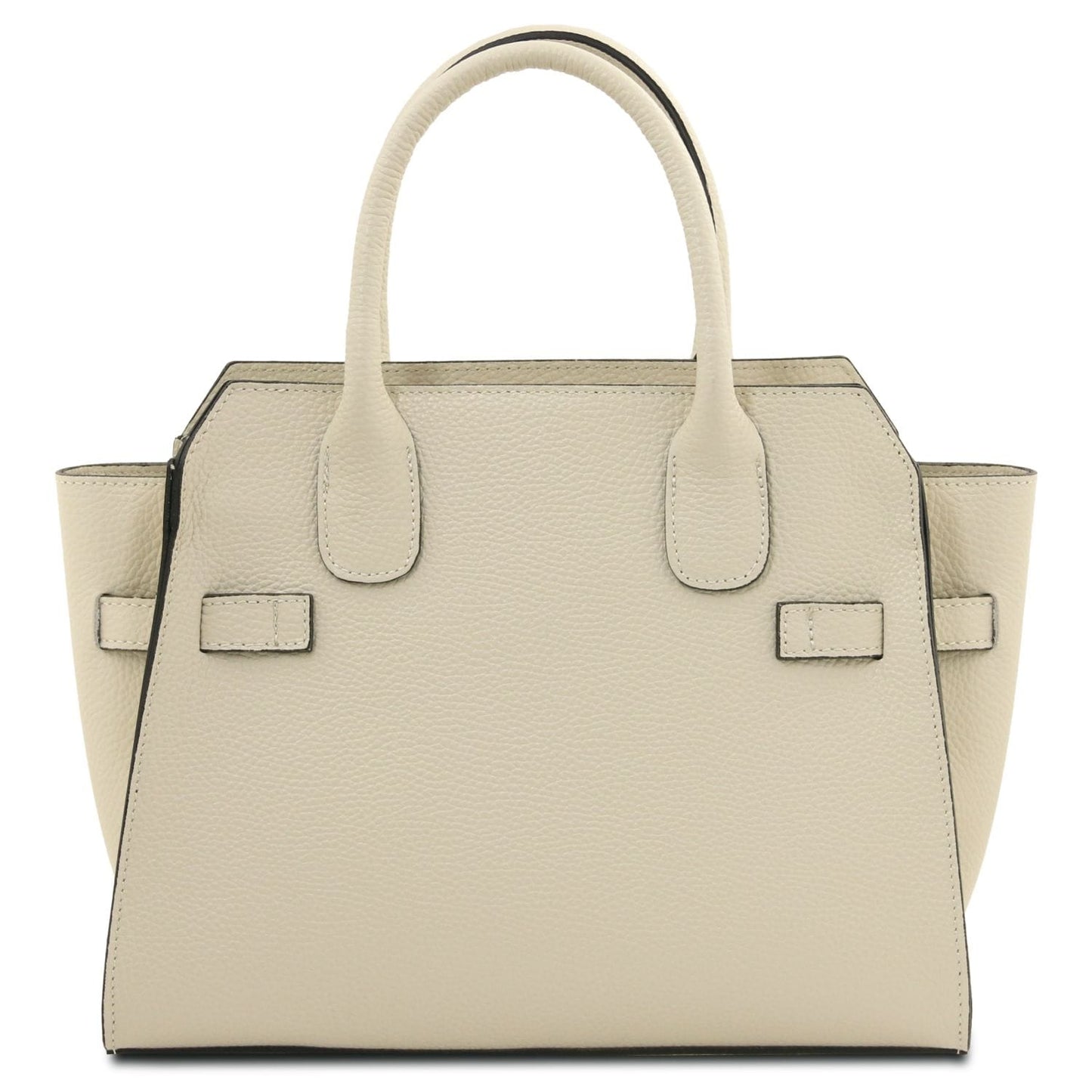 Beige textured leather tote with two top handles and subtle black edging