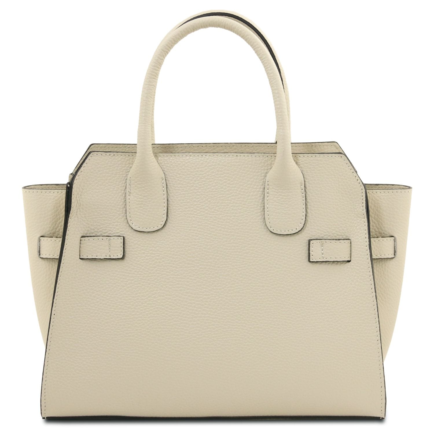 Beige textured leather tote with two top handles and subtle black edging