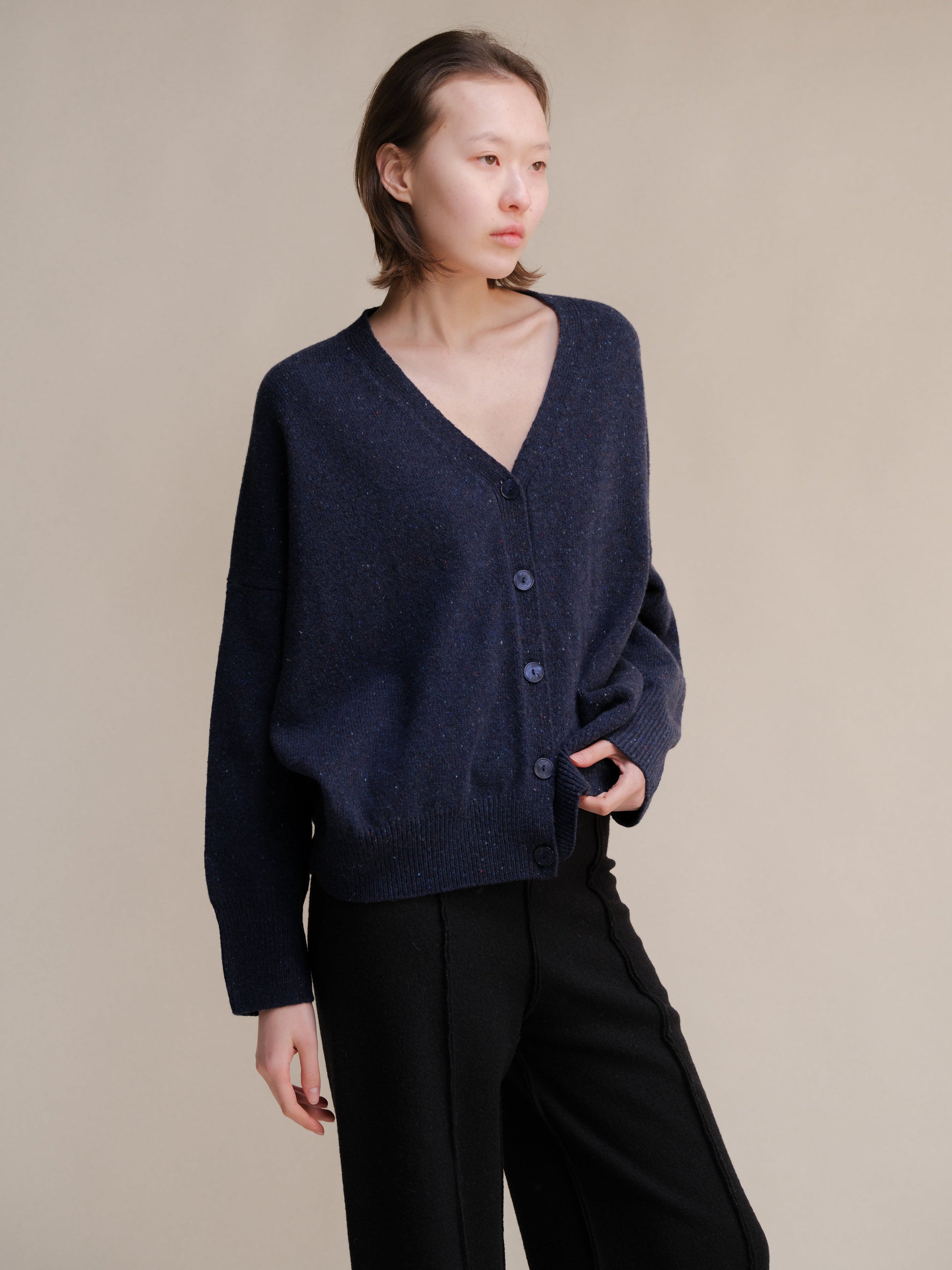 Knitwear Navy / S Oversized Tweed Cardigan - Wool Blend San Rocco Italia