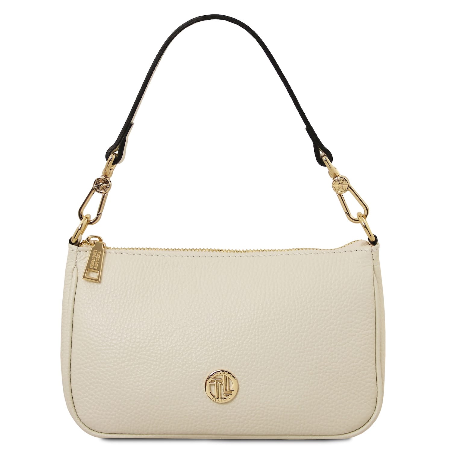 Beige Parfait leather clutch with black top handle and gold logo emblem