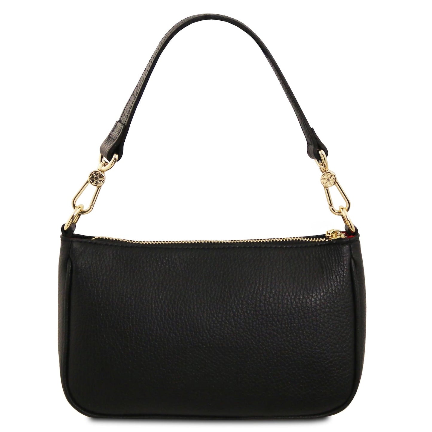Parfait black leather clutch with textured grain, gold-tone hardware and detachable chain strap.