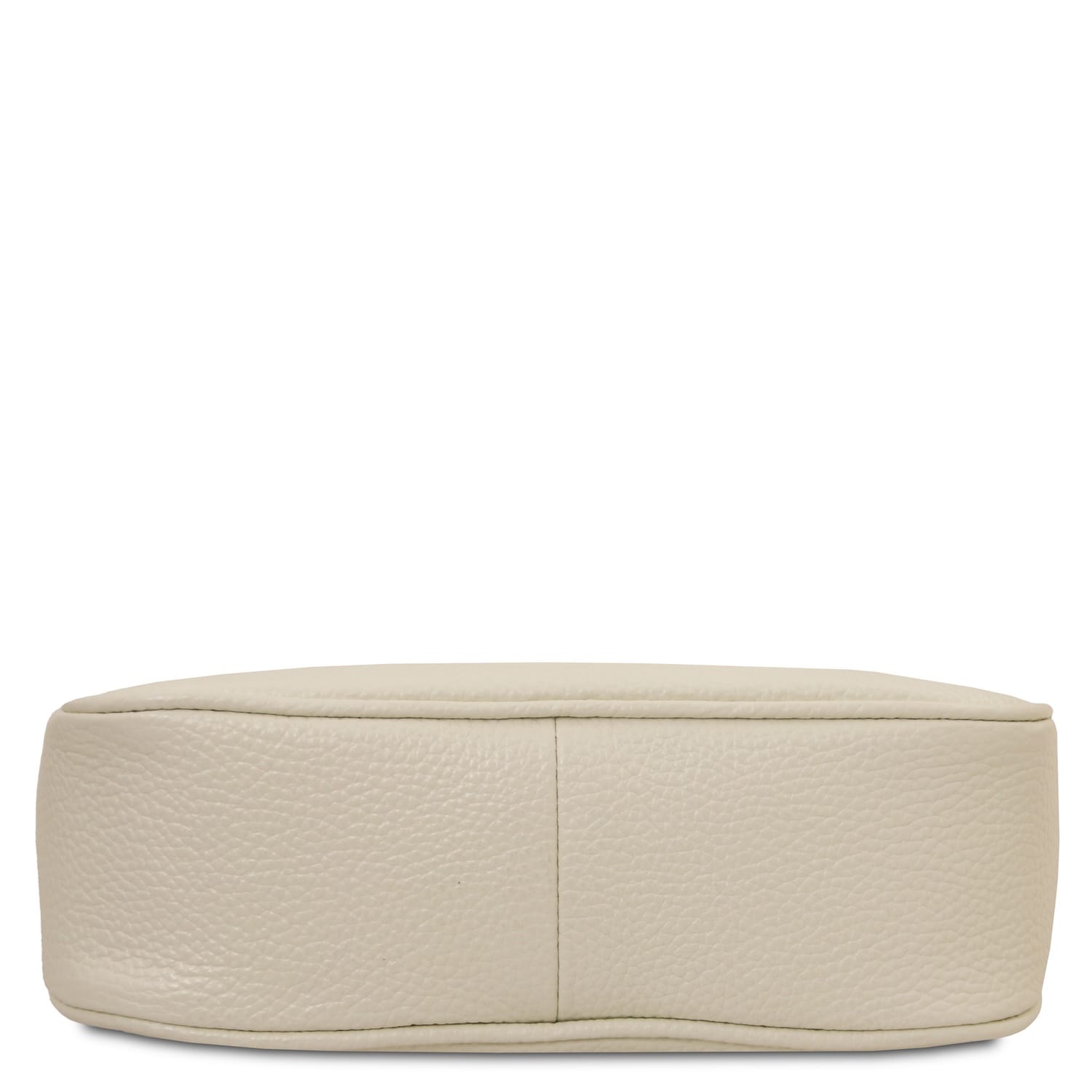 Bottom view of beige pebbled leather clutch showing stitched base seam.