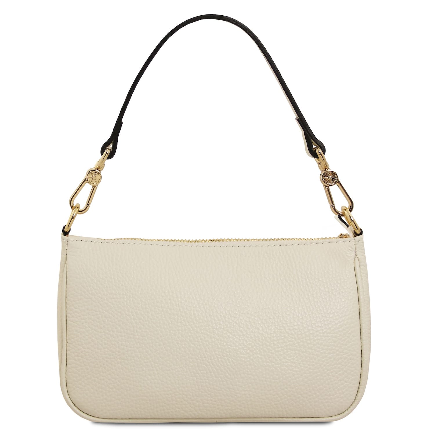 Beige pebbled leather crossbody bag with gold hardware and detachable two-tone strap.