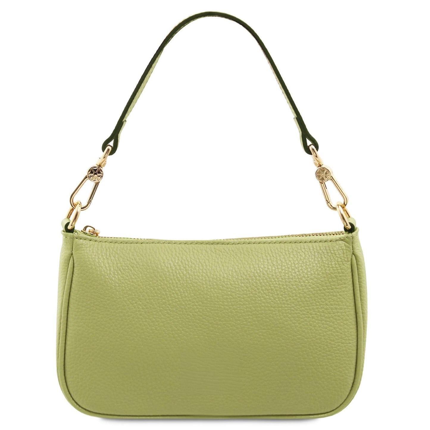 Lime green pebbled leather clutch with a short detachable strap and gold-tone hardware.