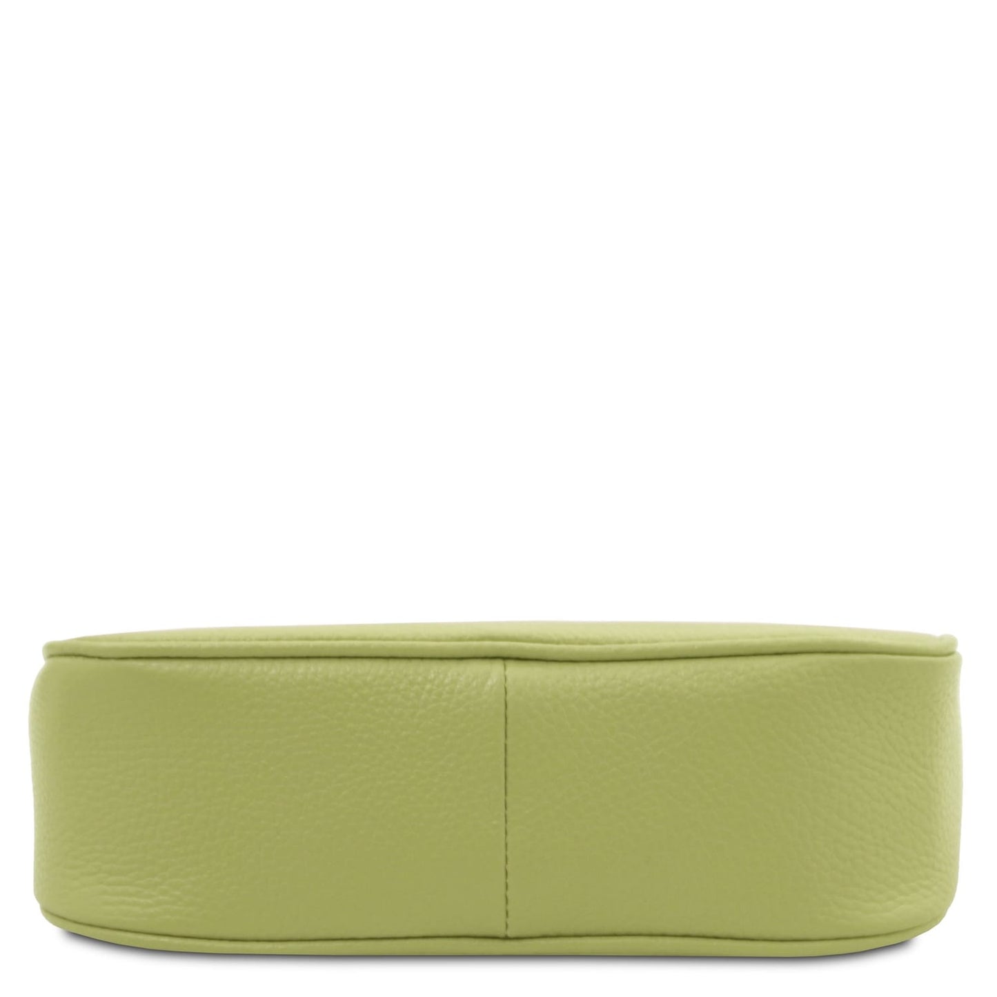 Open lime green leather clutch interior with beige lining, zip pocket, and Tuscan Leather label.